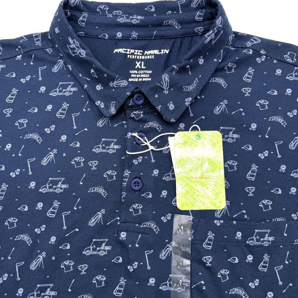 Pacific Marlin Mens Performance XL Cotton Golf Polo Shirt AOP Golf Cart FORE NWT